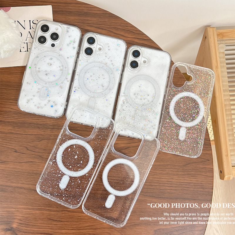 Apple 17 Pro Max Magnetic Phone Case Suitable for iPhone 15 Glitter Sequins Magsafe Transparent 16 Stars
