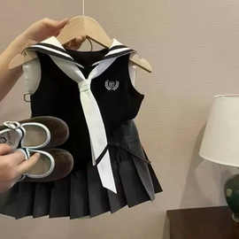 女童学院风休闲裙套装中小童夏季新款洋气娃娃领无袖百褶裙两件套