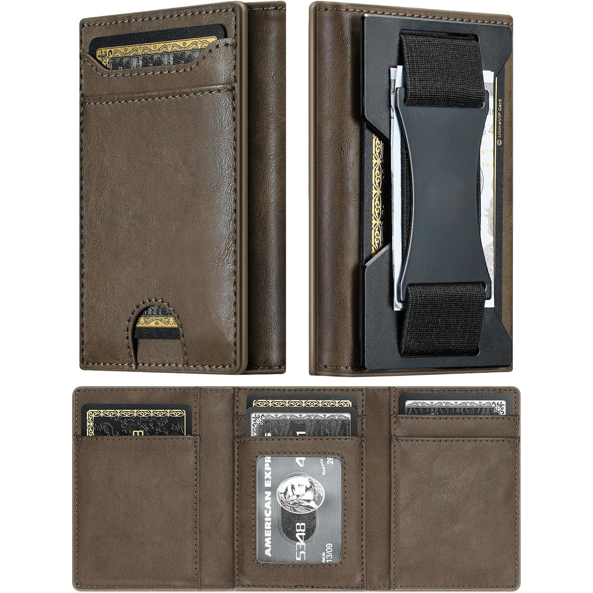 Amazon RFID anti-robo cartera multifuncional tres plegables billetera de negocios de gran capacidad con correa de cuero