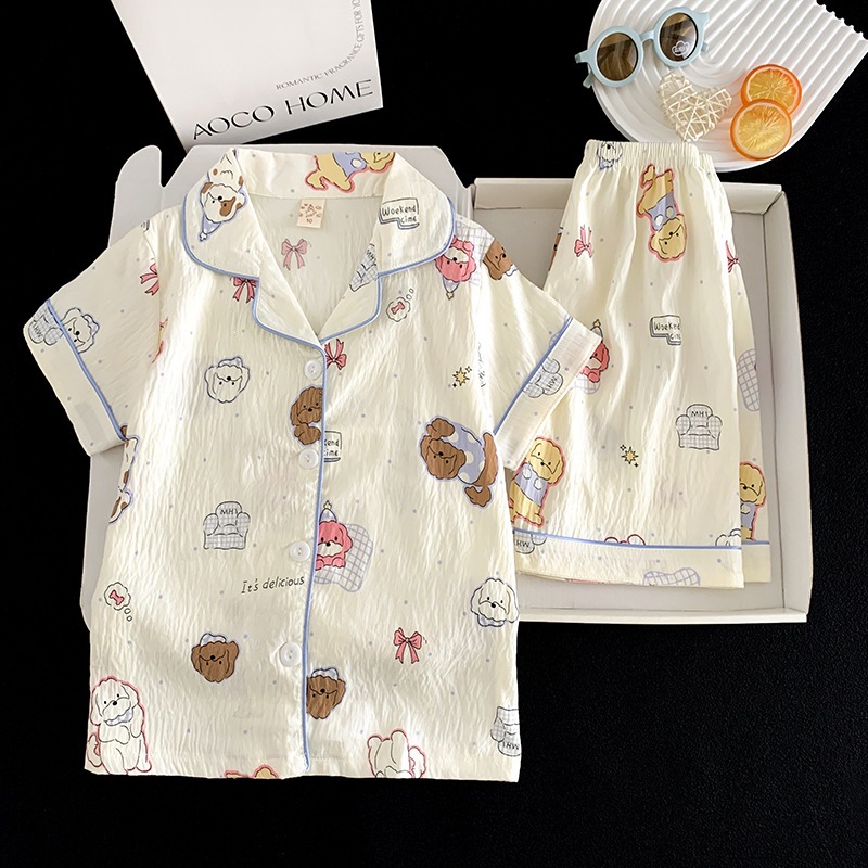 儿童睡衣夏季短袖云朵棉开衫女童2026新款卡通印花可爱家居服套装