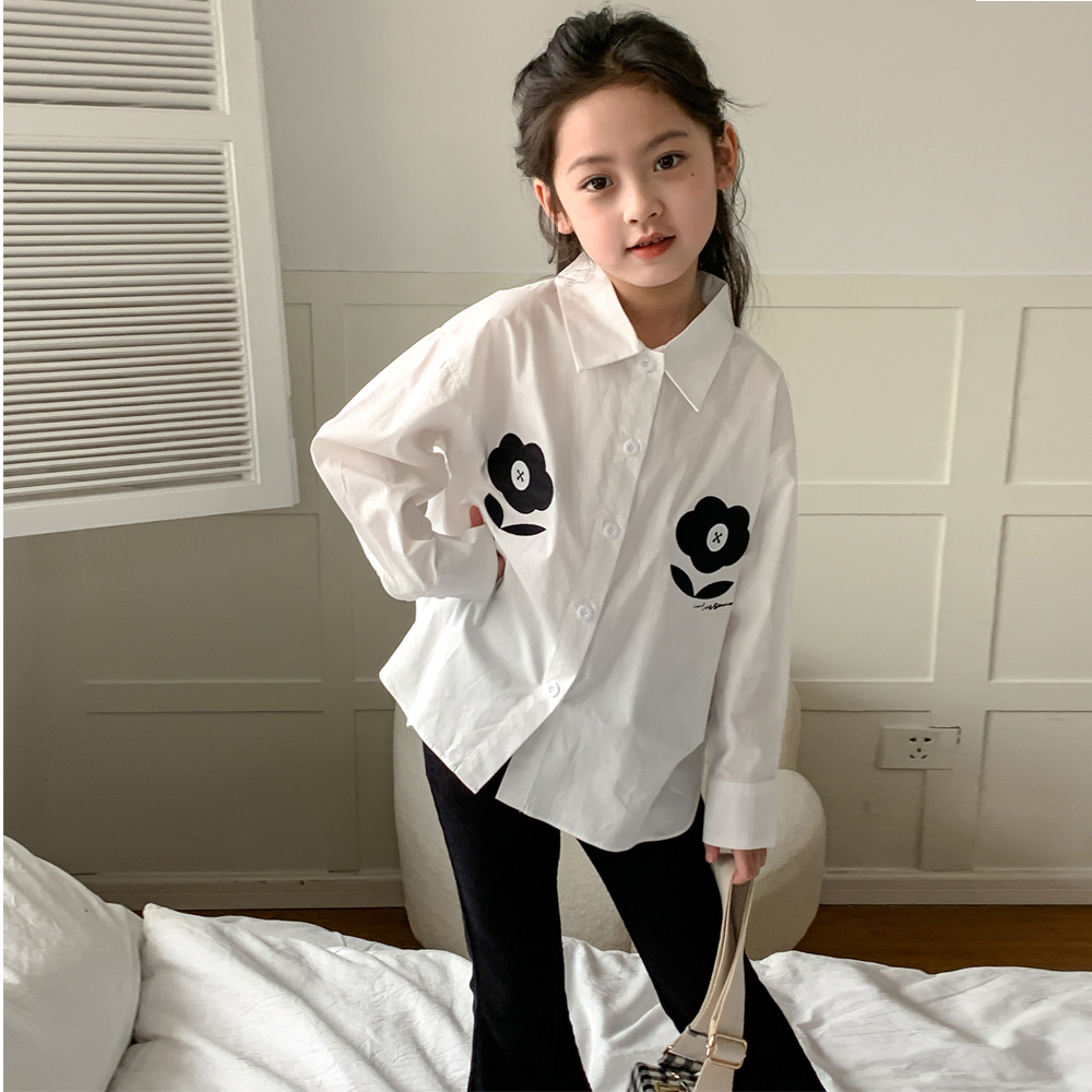 Camisa para niños 2024 primavera estilo coreano ropa para niños camisa de manga larga con bordado de flores para niñas camisa de media longitud para bebés para niños medianos y grandes
