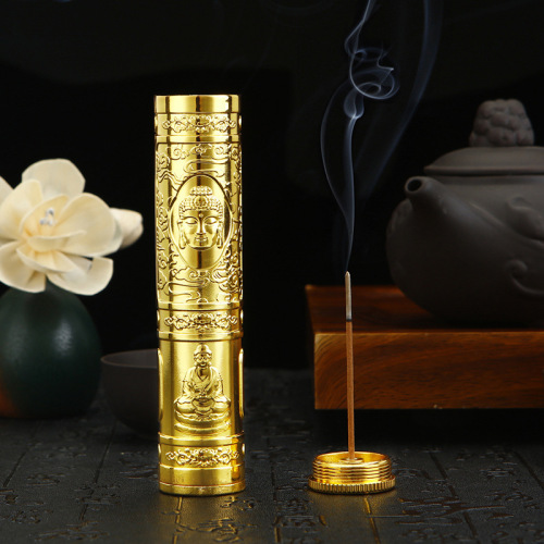 Relief retro Buddha statue metal incense barrel household incense stick portable incense burner incense seat dual-use incense barrel