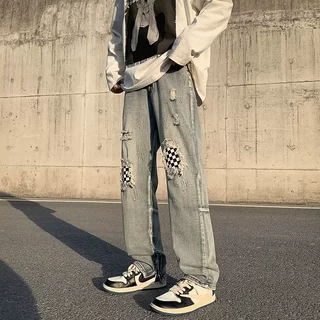 美式复古裤子高街水洗灰色破洞牛仔裤男设计感小众拉链开叉微喇裤
