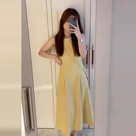 【隐形拉链＋小背包】清纯温柔黄色连衣裙女夏圆领收腰显瘦a字背
