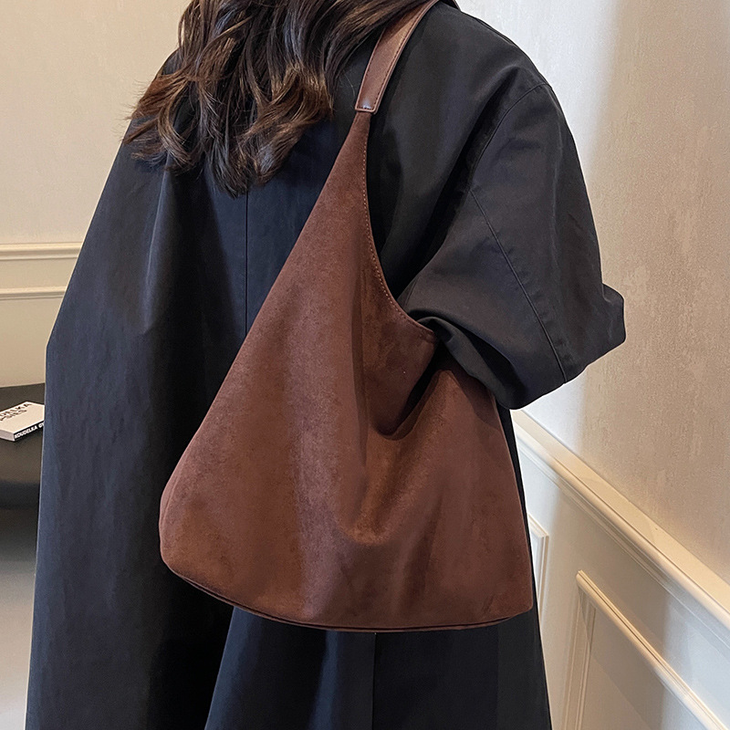 Vintage Soft Suede Faux-Leather Hobo Bag For Women 2024 New Autumn/Winter Trendy Large Capacity Shoulder Bucket Bag - Thumbnail 4