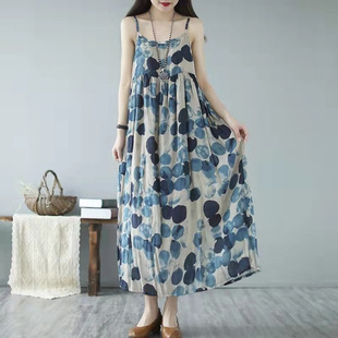 Cotton and Linen Suspender Dress for Women 2025 Summer Plus Size Fat Women's Clothing Polka Dot Print Slimming Vest Long Skirt