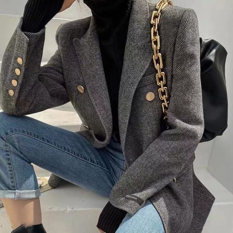 Herringbone Pattern Woolen Blazer for Women, Korean Style, 2025 Autumn and Winter New Mid-Length Slim-Fit Thick Wool Coat for Women