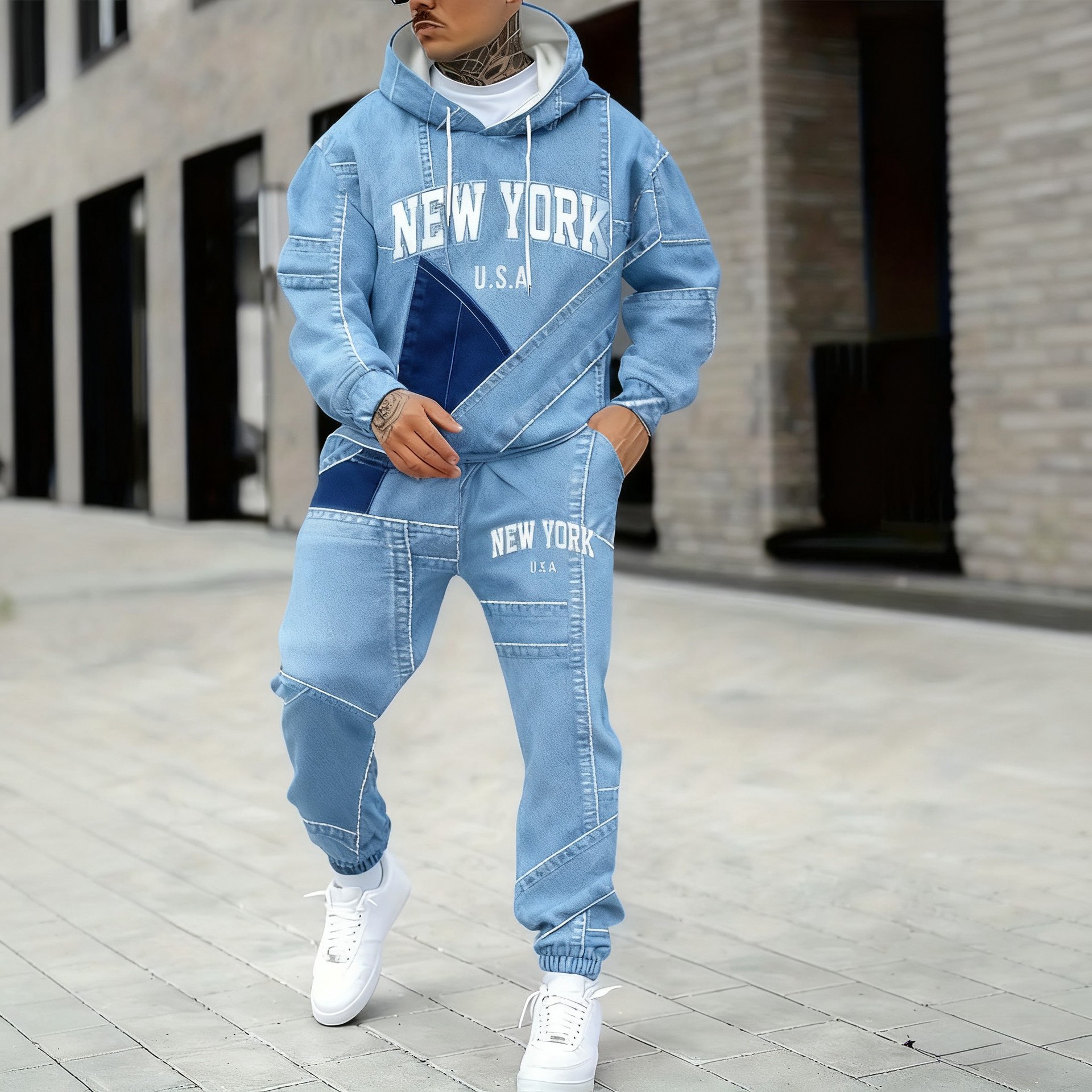 Ensemble sweat à capuche et jogging homme effet denim noir_voghion.com