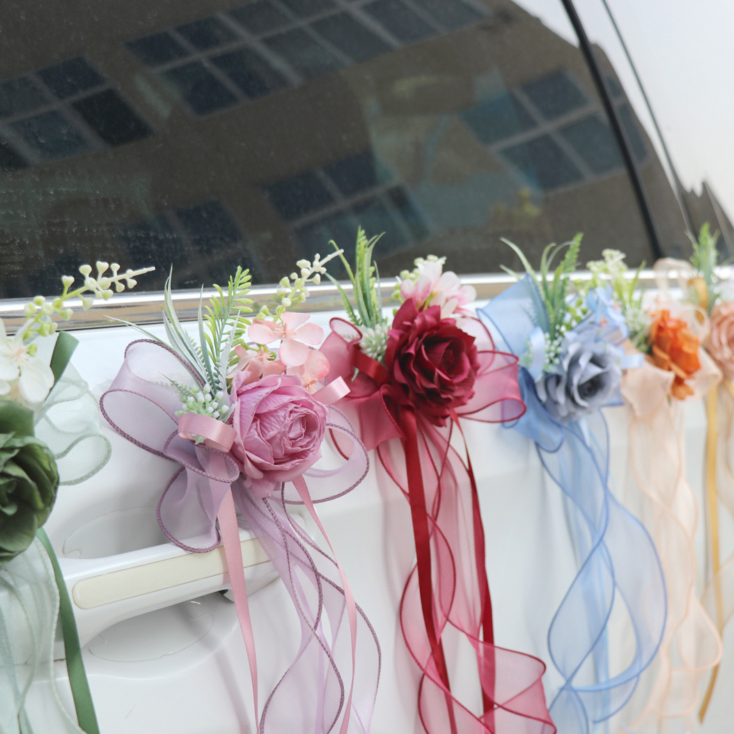 婚车后视镜装饰花婚庆车队蝴蝶结门把手花仿真花结婚楼梯扶手假花