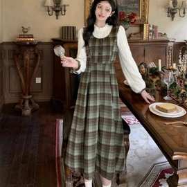 森系复古绿格连衣裙女2025秋季新款学院风小个子假两件背带长裙子