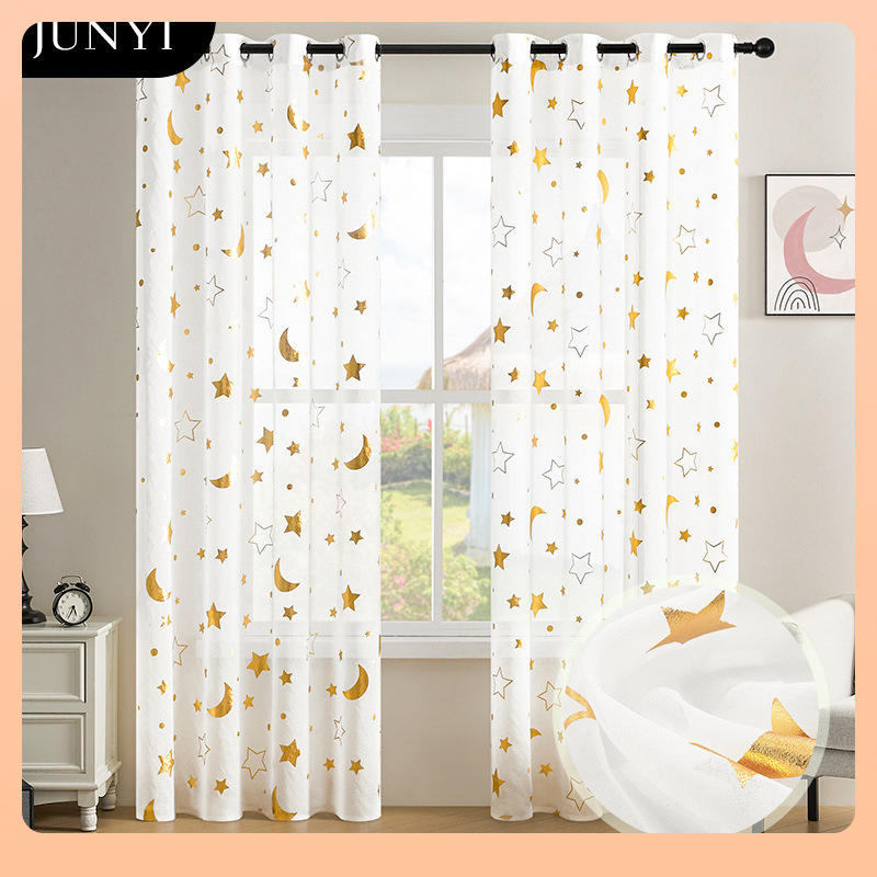⇕ Cross-Border Finished Curtains for Halloween, Amazon Gold-Stamped Sheer Curtains, Pastoral Style Semi-Blackout Curtains for the Living Room
