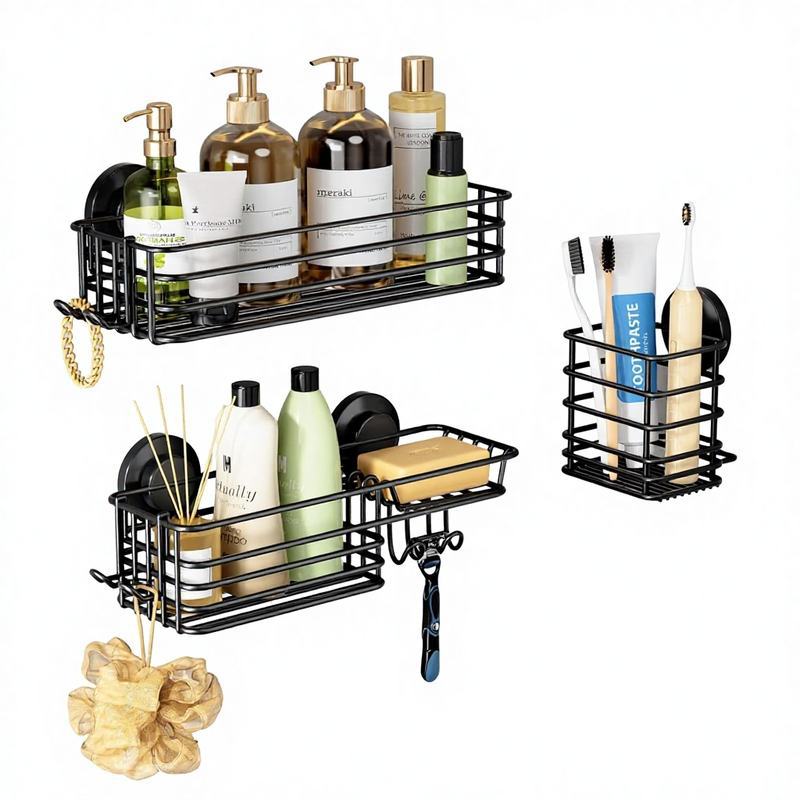 Adjustable Wall-Mounted Shower Storage Rack with Suction Cups, 3-Piece Set, Heavy-Duty Bathroom Storage Rack, Shower Hook Storage Rack