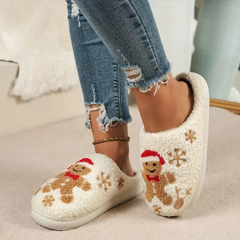 Christmas Gingerbread Man Embroidered Plush Slippers for Women, Autumn and Winter Warm Indoor Non-Slip Soft-Soled Cute Cotton Slippers Wholesale
