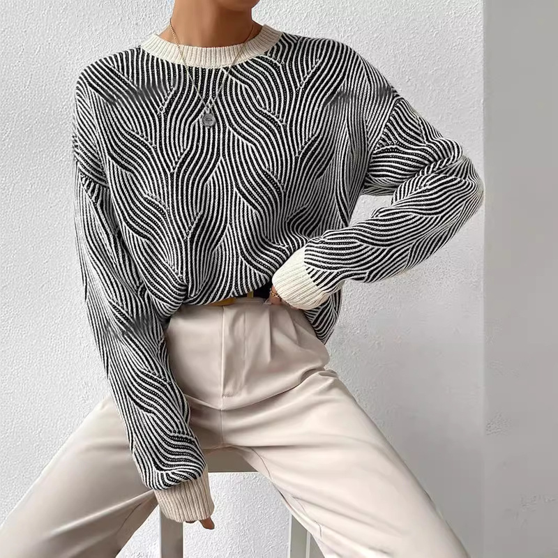 [Special Offer] Cross-Border Women's Sweater 2026 Autumn Round Neck Striped Color-Block Knitted Pullover Nanyou Original