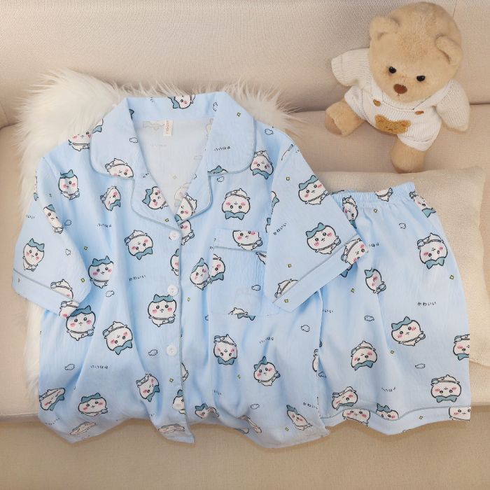 Pijamas de algodón nubes al por mayor transfronterizos de mujeres pantalones cortos de mangas cortas de verano nuevos cardigans con solapas de dibujos animados lindos cubiertas de ropa para el hogar