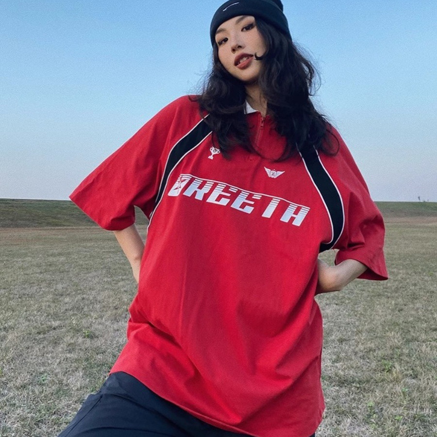 Camiseta de manga corta para hombres y mujeres, moda nacional, costura americana, contraste, 2025, nueva camisa POLO, solapa, uniforme de fútbol, mangas raglán