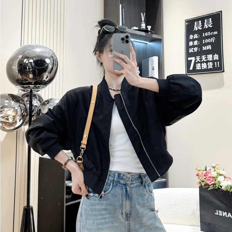 早秋女短款百搭休闲夹克上衣小个子简约时尚立领棒球服运动外套潮|undefined