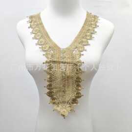 金色水溶刺绣领花V领装饰立体金线绣DIY服装辅料礼服裙衬领口贴片
