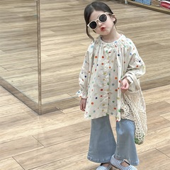 Spring 2024 Korean Style Children's Clothing New Arrival Girls' Colorful Polka Dot Loose Round Neck Doll Skirt Sweet Blouse