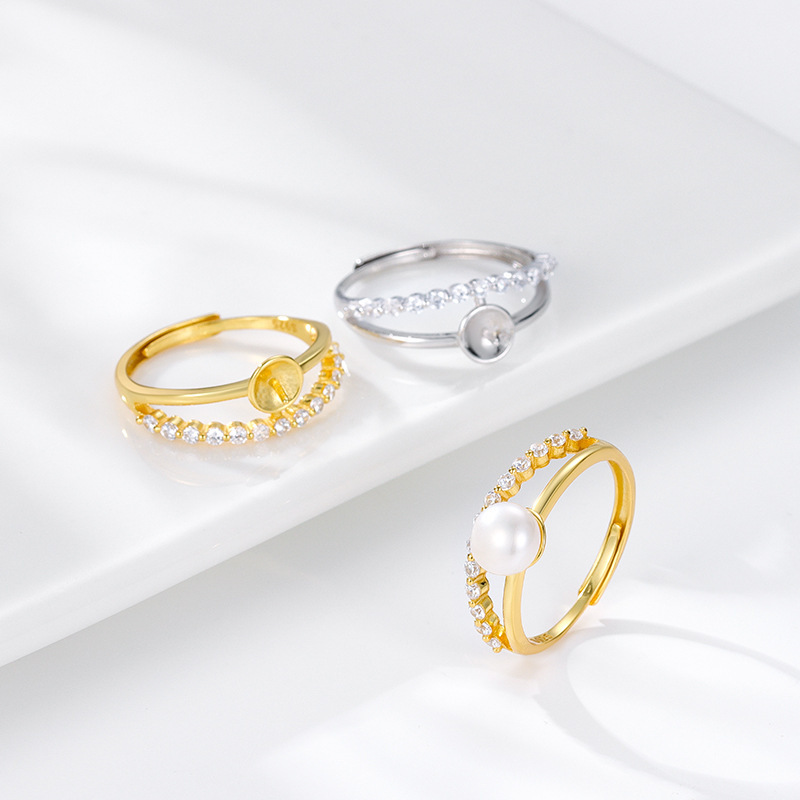 S925纯银单排锆石珍珠款开口戒指空托女diy半成品饰品配件空台