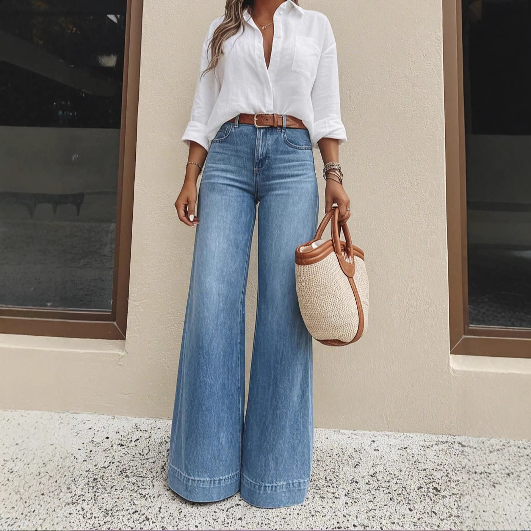 Jeans de Pierna Ancha y Tiro Alto para Mujer en Mezclilla de Algodón con Efecto Lavado image 3