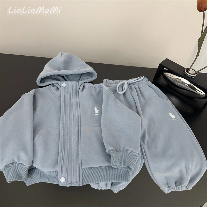 Children's Warm Clothing Set 2026 Autumn and Winter Hot-Selling Korean Style Embroidered Hooded Sweatshirt and Fleece-Lined Sweatpants Two-Piece Set for Boys