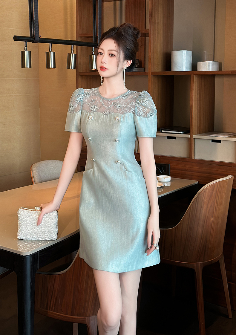 Đầm chữ A nữ thắt eo hai hàng khuy phong cách tea dress mùa hè 2026 — Xanh nước trong chi tiết 4