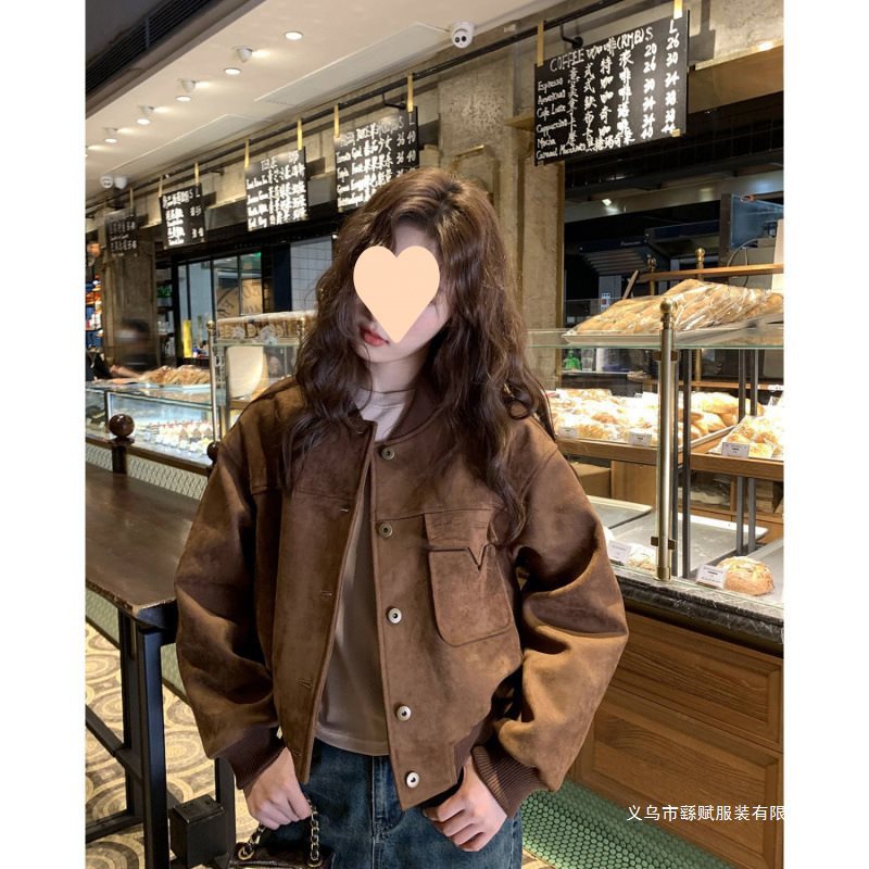 American Retro Deerskin Velvet Baseball Jacket for Women, New Spring and Autumn Short Biker Jacket for Petite Figures