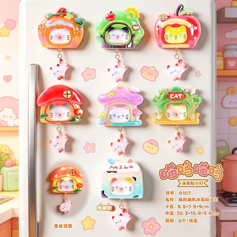 Creative New Design Meow Meow Refrigerator Magnet Small Light Blind Box Cute Home Decor Kitten Magnetic Refrigerator Decoration Figurine