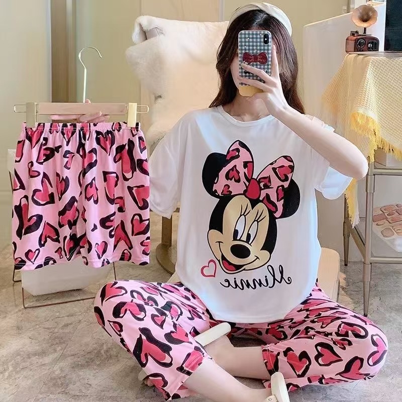 Pijamas de verano transfronterizos pijamas de leche de seda de tres piezas set de dibujos animados comercio exterior ropa para el hogar pantalones de mangas cortas lindos