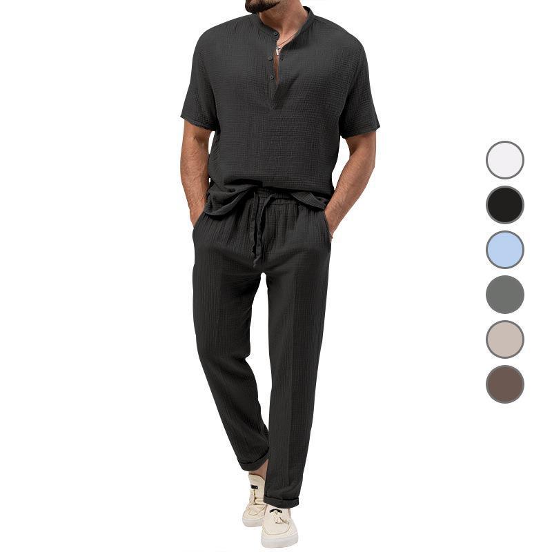 Men's Casual 3-Piece Outfit, Short Sleeve T-Shirt & Shirt With Trousers, Solid Color Summer Lounge Set_viptrois.com