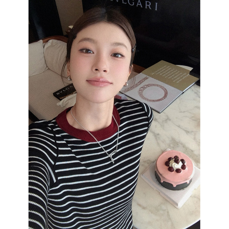 张贝贝ibell经典复古拼色领口针织衫女蚕丝+绵羊毛圆领条纹长袖T|undefined