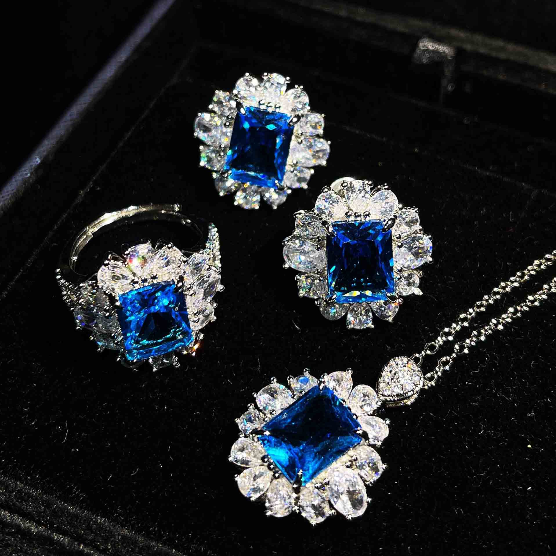 Color Treasure Set Ascher Yellow Diamond Topaz Blue Argyle Pink Square Diamond Ring Earrings Pendant display picture 14