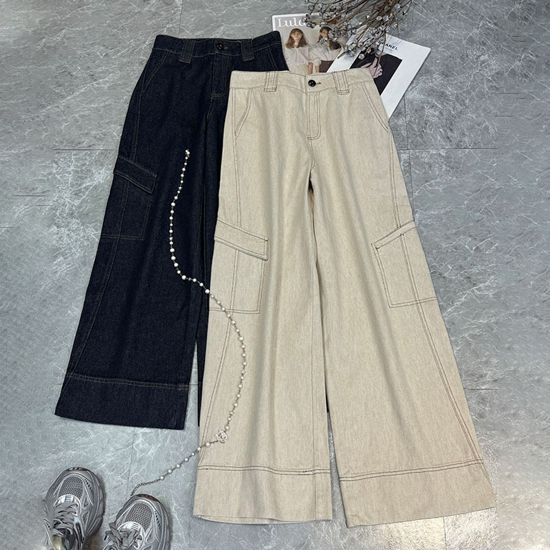 Spring 2026 Solid Color Denim Work Pants for Women, Stylish High-Waisted Long Designer Straight-Leg Pants, No Returns or Exchanges