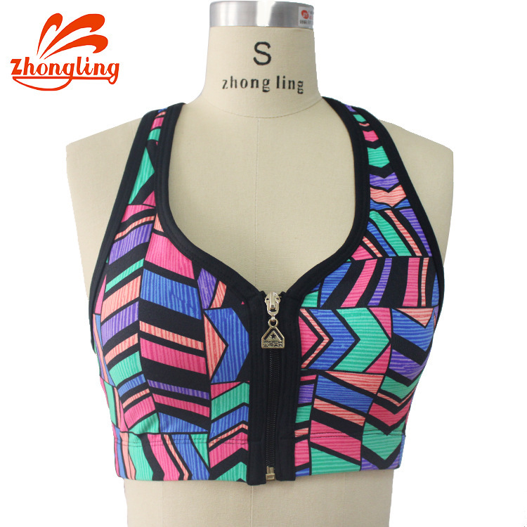 Printed Sports Bra, Front Zipper Sports Bra, Yoga No Rims, Shockproof Running Fitness Sports Bra