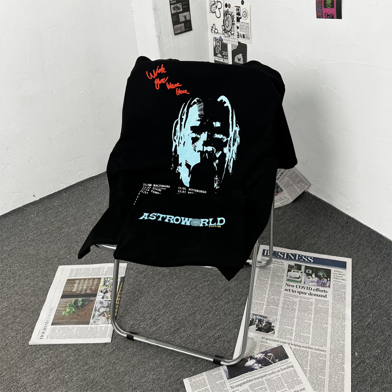 Travis Scott Niche Trendy Brand Figure Tour Fortress Night Loose Short-sleeved Men's Casual Cotton T-shirt