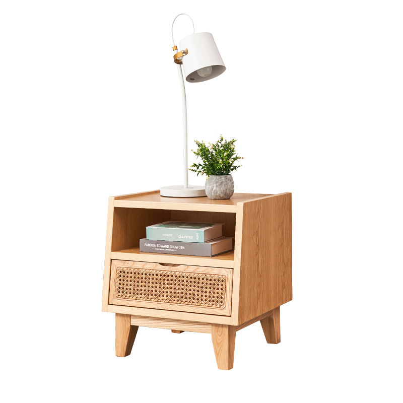 Simple Modern Light Luxury Bedside Table Free Installation Nordic Style ins Solid Wood Log Mini Rattan Storage Cabinet for Bedroom