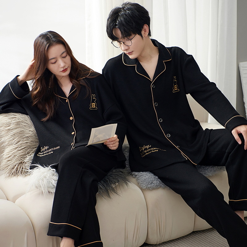 라이브 방송 봄과 가을 여성 잠옷 커플의 긴 소매 럭셔리 심플 스타일 캐주얼 홈 의류 6535 면 카디건 세트 남성