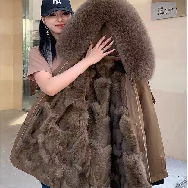 2025 New Winter Parka Women's Rex Rabbit Fur Liner Fur Integrated Detachable Mid-Length Fur Outwear for Women