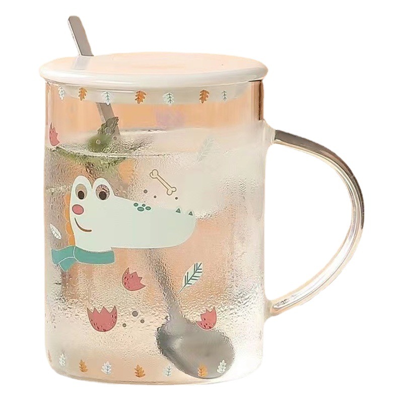 Creativo lindo de alto aspecto vidrio hogar desayuno taza animal mano regalo taza de beber con tapa cuchara taza