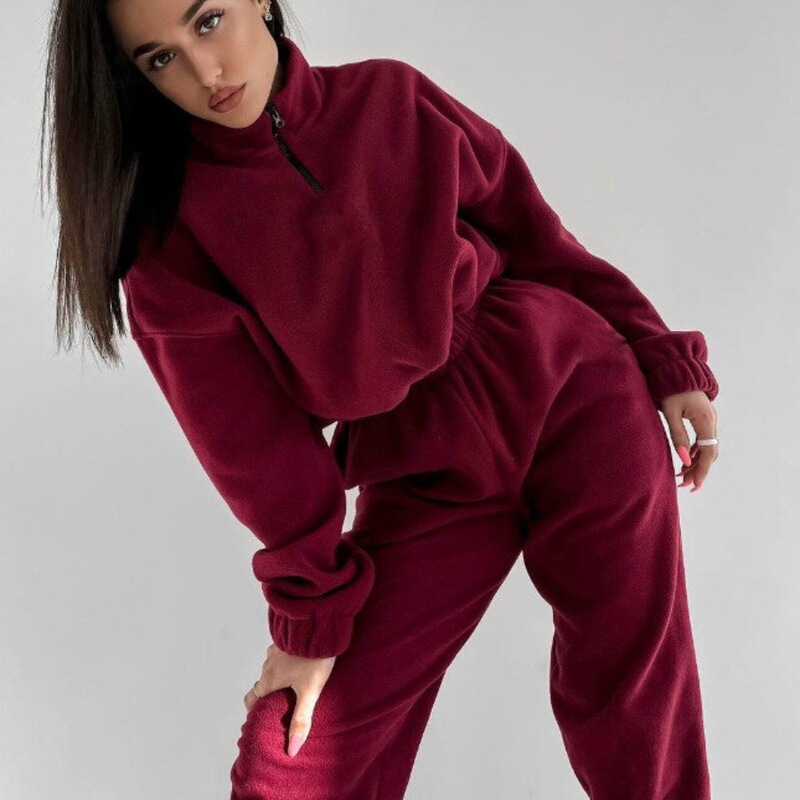 2025 European and American Cross-Border Amazon New Fashion Set Loose Zipper Stand-Up Collar Sweatshirt and Pants Two-Piece Set for Women