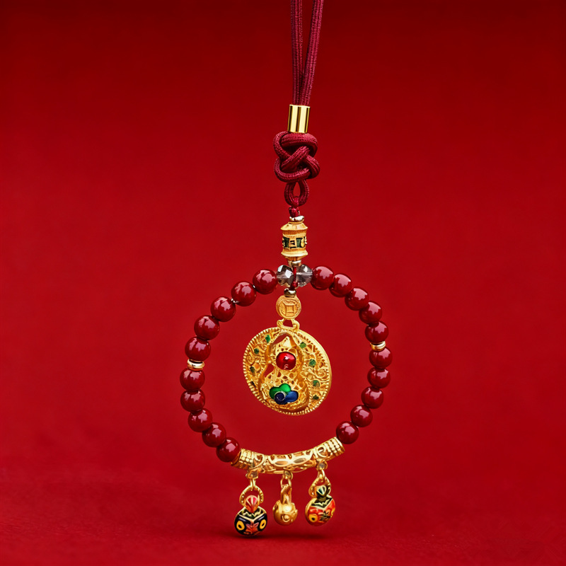 Cinnabar Car Hanging Amulet for Good Luck and Safety, New Year Red Gold-Eating Beast Lucky Cat Car Hanging Ornament Wholesale