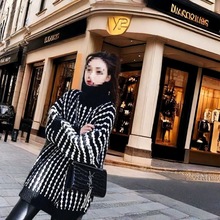 斤加大码高领毛衣女中长款慵懒风拼接外穿格子宽松胖针织衫