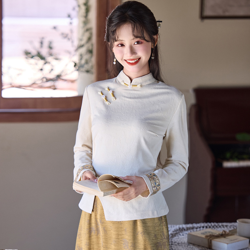 秋冬新中式套装国风盘扣丝绒衬衫女秋别致开叉打底衫旗袍领小上衣|undefined