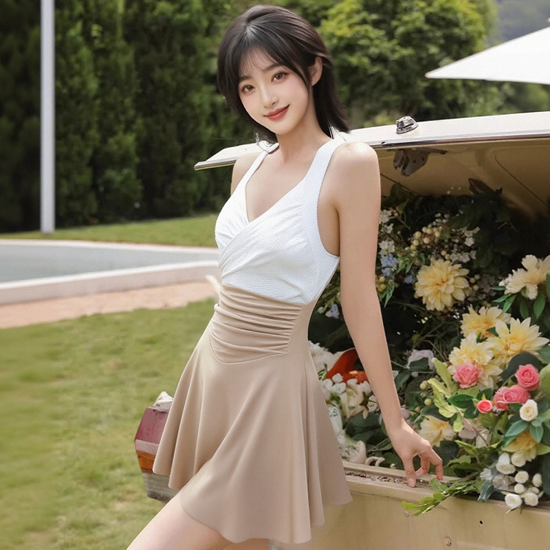 Traje de baño de una pieza para mujer, nuevo estilo puro, eslinga simple a juego, delgado y delgado, traje de baño de falda sin espalda de alta gama