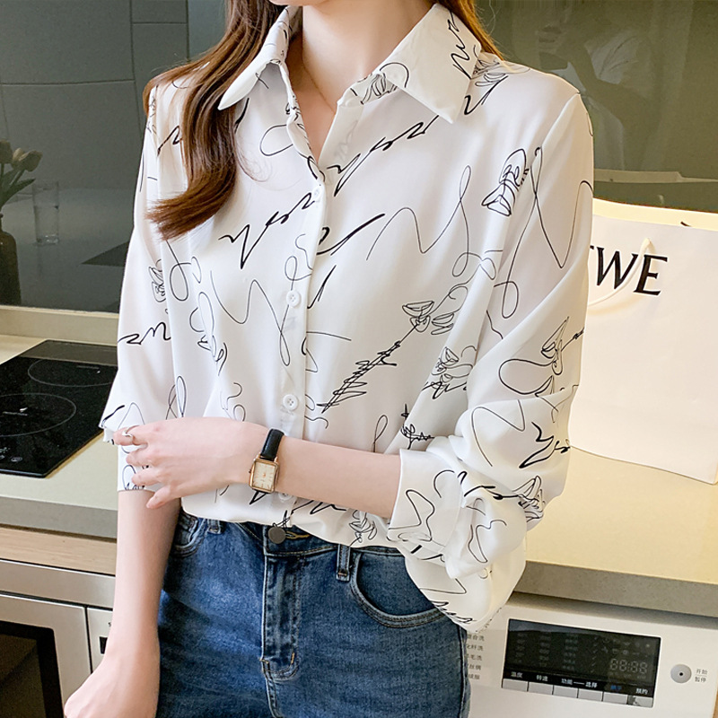 实拍法式水墨涂鸦印花衬衫上衣女2025春秋新款韩版宽松翻领衬衣潮