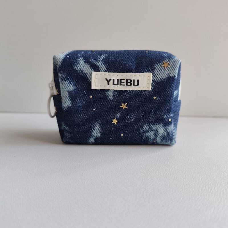 新款牛仔布艺破洞亮片复古零钱包月亮星星装饰点缀耳机包|undefined