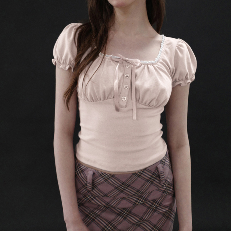 French-Style Sweet Retro Ruched Lace Patchwork Puff Sleeve Youthful T-Shirt with Elegant Pure Desire Lace-Up Bow Top French-Style Sweet Retro Ruched Lace Patchwork Puff Sleeve Youthful T-Shirt with Elegant Pure Desire Lace-Up Bow Top