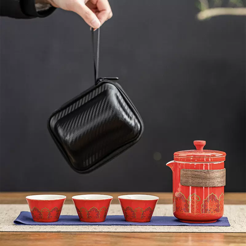 古韵藤花便携式旅行茶具套装简约陶瓷一壶三杯便携包快客礼品定制