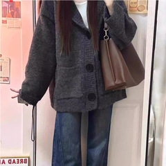 慵懒风软糯连帽长袖针织毛衣外套女秋冬宽松中长款设计感开衫上衣